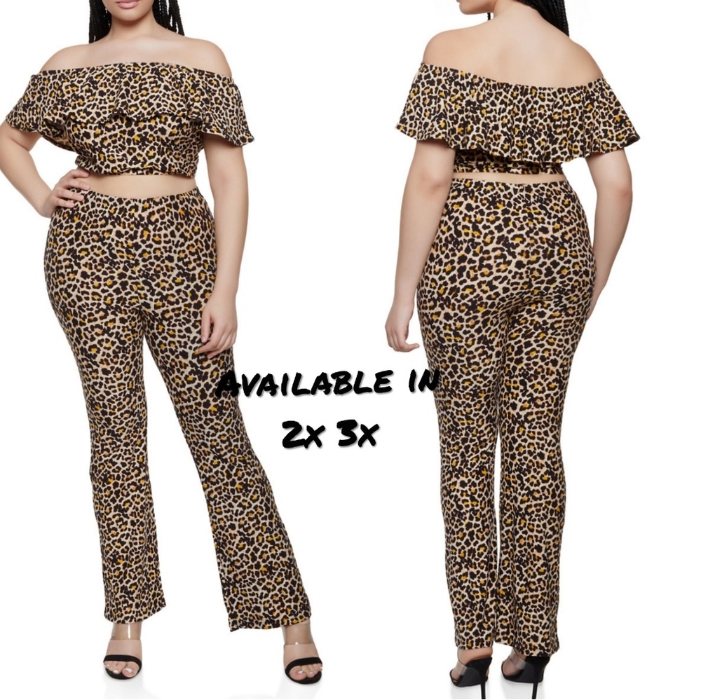 ➕ Leopard Print Off Shoulder Crop & Pant Set